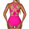 Women One Piece Swimsuit Halter Wrap V Neck Cutout High Waisted Monokini Tummy Control Bathing Suit Slimming Swimwear Hot Pink view 2