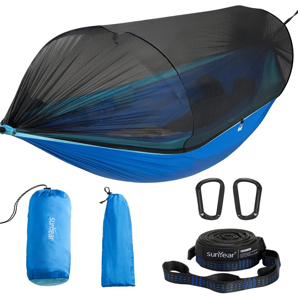 Sunyear Camping Hammock with Net - Double&Single Hammock with House-Like Net- Easy Setup & Pack, Lightweight & Portable, Perfect for Hiking, Backpacking, Outdoor Sleeping