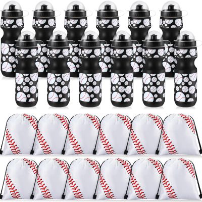Hosuly 24 Pcs 24 oz Baseball Water Bottle Bulk and Drawstring Bag Set 12 Reusable Plastic Biking Water Bottle Tumbler 12 Sport Gym Goodie Gift Bag for Party Favor (Black)