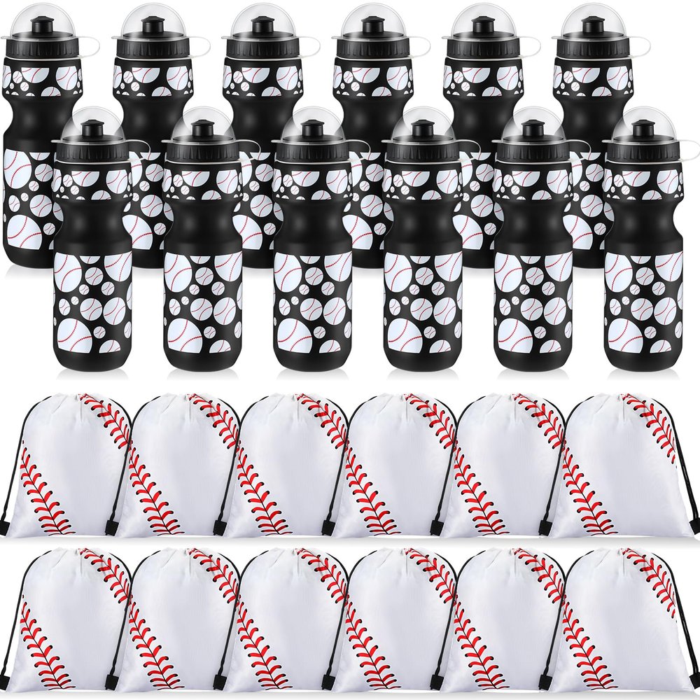 Hosuly 24 Pcs 24 oz Baseball Water Bottle Bulk and Drawstring Bag Set 12 Reusable Plastic Biking Water Bottle Tumbler 12 Sport Gym Goodie Gift Bag for Party Favor (Black)