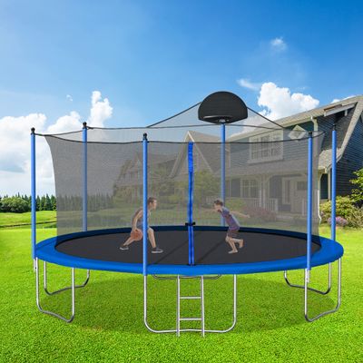 Evedy 14FT Trampoline with Safety Enclosure Net, Basketball Hoop and Ladder,Round Outdoor Recreational Trampoline for Kids,Easy Assembly,Blue