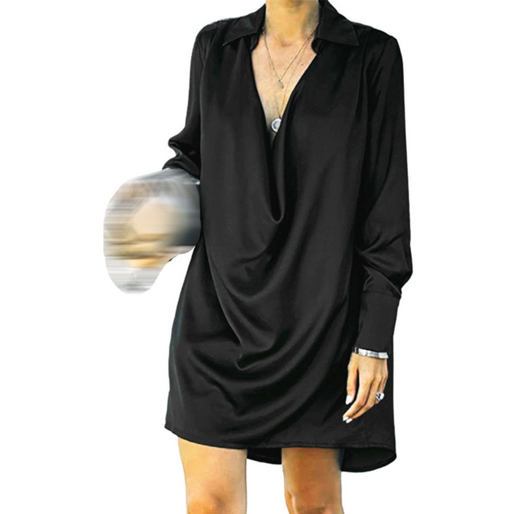 JEKE-DG Women Satin Shirt Dress Sexy V Neck Button Down Dress Long Sleeve Ruched Wedding Cocktail Party Dresses (Small,Black)