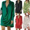 JEKE-DG Women Satin Shirt Dress Sexy V Neck Button Down Dress Long Sleeve Ruched Wedding Cocktail Party Dresses (Small,Black) view 4