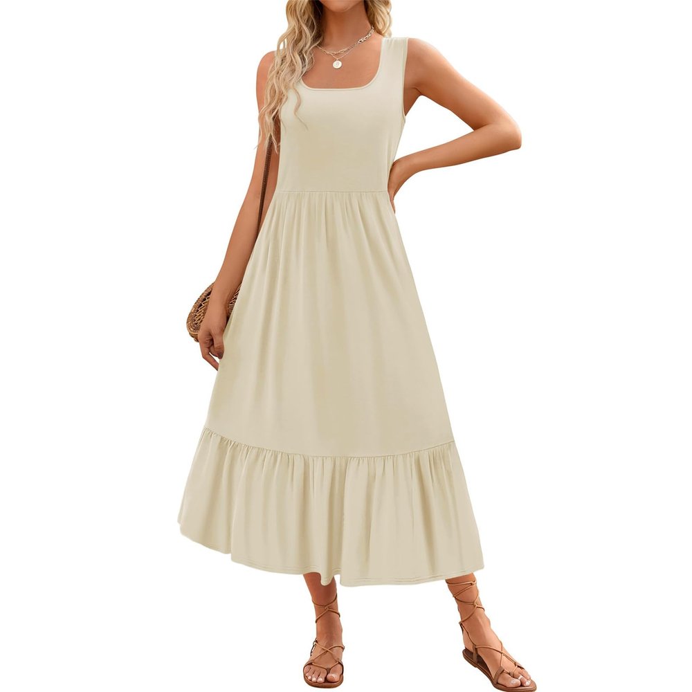 FQFGGYD Women's Flowing Maxi Dress Long Beach Dresses Sleeveless Square Collar Pleated Swing Sundress Casual Outfits Pockets Beige