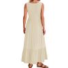FQFGGYD Women's Flowing Maxi Dress Long Beach Dresses Sleeveless Square Collar Pleated Swing Sundress Casual Outfits Pockets Beige view 2