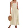 FQFGGYD Women's Flowing Maxi Dress Long Beach Dresses Sleeveless Square Collar Pleated Swing Sundress Casual Outfits Pockets Beige view 3