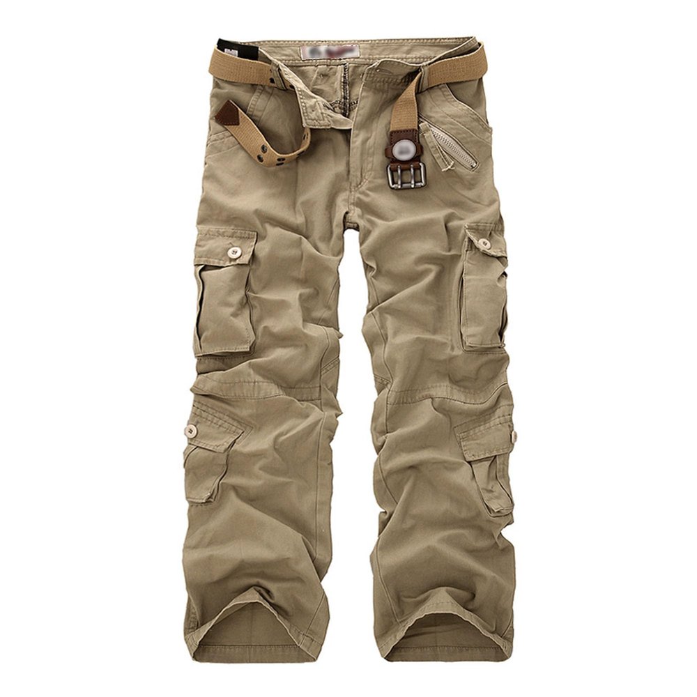 Casual Tactical Pants for Men Wash Cotton Ripstop Cargo Pants Outdoor Hiking Pants with Multi Pockets(No Belt) (Khaki,30)