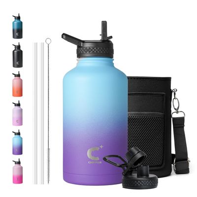 64oz Insulated Water Bottle, Coolplus Half Gallon Water Jug With Straw Stainless Steel Double-Walled Vacuum Metal Large Flask With Carry Sleeve Bpa-Free Leakproof, Keep Cold 48 Hrs, Blue Purple