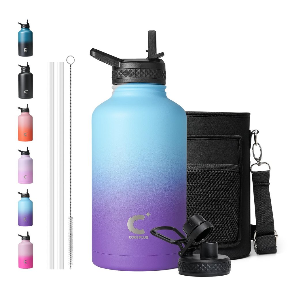 64oz Insulated Water Bottle, Coolplus Half Gallon Water Jug With Straw Stainless Steel Double-Walled Vacuum Metal Large Flask With Carry Sleeve Bpa-Free Leakproof, Keep Cold 48 Hrs, Blue Purple
