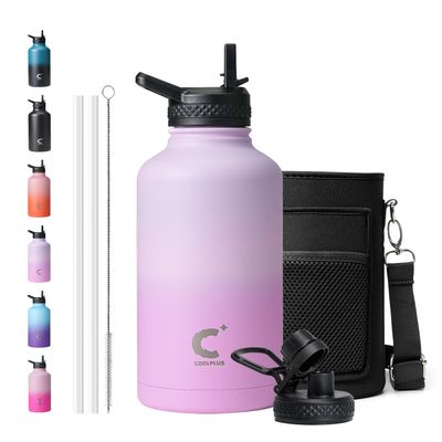 Half Gallon Water Bottle With Straw Lid, Coolplus 64 oz Insulated Stainless Steel Water Jug Metal Double-Walled Vacuum Large Flask With Carry Sleeve Leakproof, Keep Cold 48 Hrs Hot 24hrs, Purple