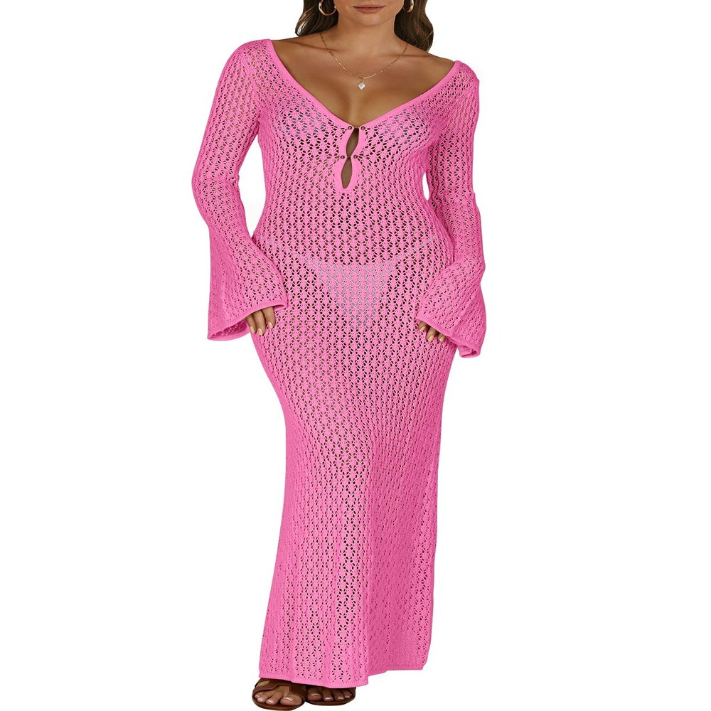 ANRABESS Women Swimsuit Swim Crochet Cover Up Knit Bathing Suit Swimwear 2026 Summer Bodycon Beach Dress Vacation Clothes Rose Medium