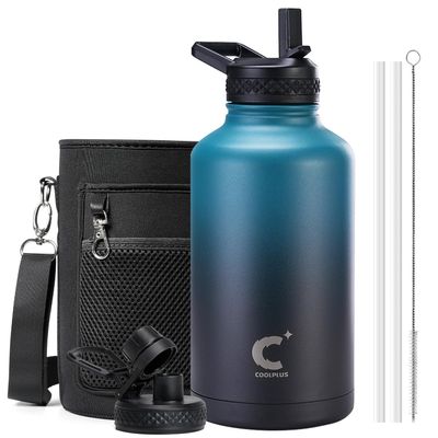 64 oz Water Bottle With Straw Spout Lid, Coolplus Insulated Half Gallon Water Jug Stainless Steel Double-Walled Vacuum Metal Large Flask With Carry Sleeve, Keep Cold 48 Hrs Hot 24hrs, Blue Black