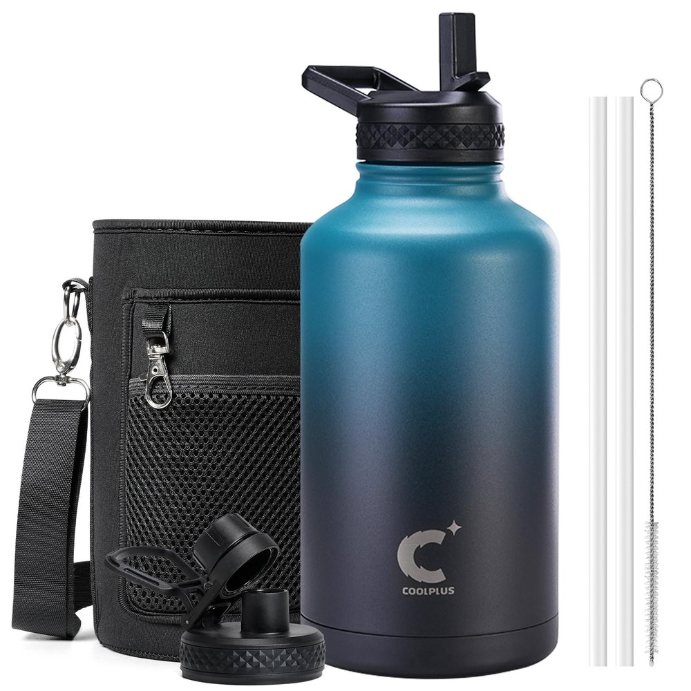 64 oz Water Bottle With Straw Spout Lid, Coolplus Insulated Half Gallon Water Jug Stainless Steel Double-Walled Vacuum Metal Large Flask With Carry Sleeve, Keep Cold 48 Hrs Hot 24hrs, Blue Black