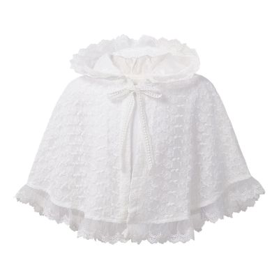 JEATHA Toddler Baby Girls Floral Lace Tie Up Princess Cape Shawl Wraps Baptism Christening Hooded Cloak Coat White 9-12 Months