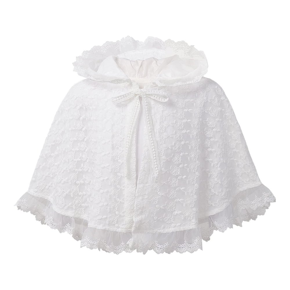 JEATHA Toddler Baby Girls Floral Lace Tie Up Princess Cape Shawl Wraps Baptism Christening Hooded Cloak Coat White 9-12 Months