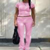 ZFLM Casual Workout Two Piece Outfits for Women Short Sleeve Crop High Waist Foldover Flare Pants Tracksuit Sets Streetwear view 2