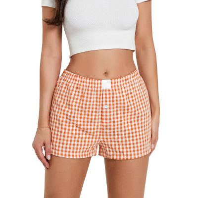 Pivanzore Y2k Plaid Shorts for Women Casual Elastic Waist Aesthetic Lounge Bottom Baggy Pajama Shorts Boxers Sleepwear(Shorts-Orange,Small)