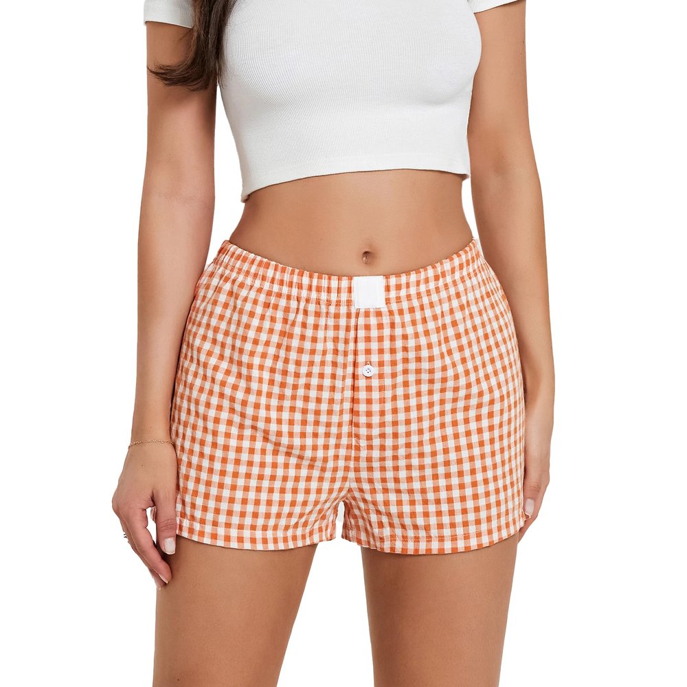 Pivanzore Y2k Plaid Shorts for Women Casual Elastic Waist Aesthetic Lounge Bottom Baggy Pajama Shorts Boxers Sleepwear(Shorts-Orange,Small)