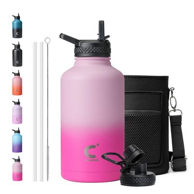 64oz Insulated Water Bottle, Coolplus Half Gallon Water Jug With Straw Stainless Steel Double-Walled Vacuum Metal Large Flask With Carry Sleeve Bpa-Free Leakproof, Keep Cold 48 Hrs, Pink