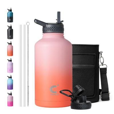 Coolplus Insulated Water Bottle 64 oz, Half Gallon Water Jug With Straw Stainless Steel Double-Walled Vacuum Metal Large Flask With Carry Sleeve for Sports Gym Ourdoor, Keep Cold 48 Hrs, Orange