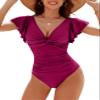 Blooming Jelly Womens Tummy Control Swimsuit Modest One Piece Bathing Suits V Neck Ruffle Cute Swimwear Wine Red view 1