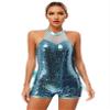 Hedmy Women Glittery Sparkly Bodysuit Tulle Tutu Dance Leotard Halter Latin Jazz Ballroom Costumes Light Blue Medium view 1