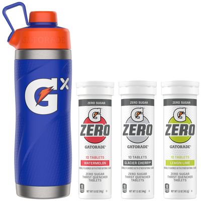 Bundle of Gatorade Gx Stainless Steel Bottle, Blue, 32oz and Gatorade Zero Tablets Variety Pack, Pack of 40