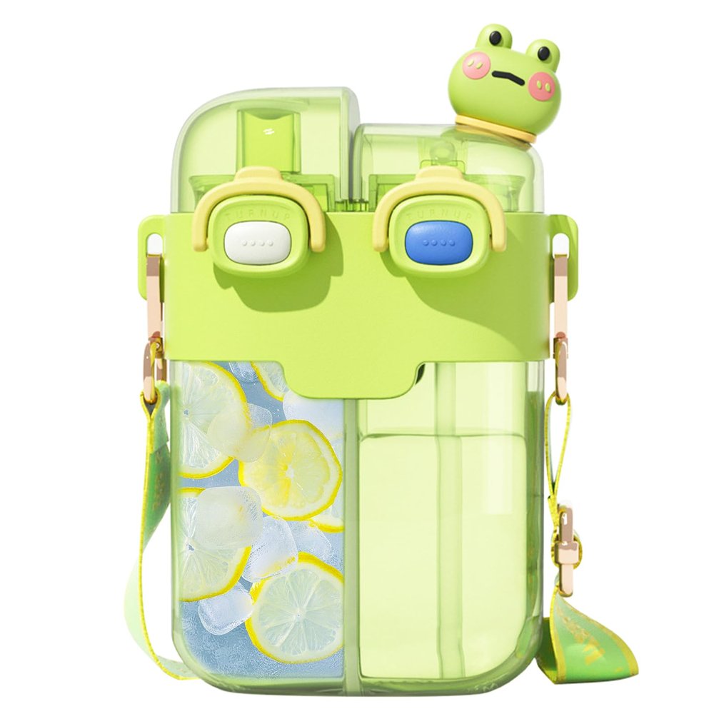 Cute Water Bottle for Kids: 26oz Kawaii Water Bottle for Girls, Funny Bear Water Bottles with Straw and Strap, Dual Compartments Leak-proof Plastic Drinking Cup for School Sport Travel (Green)