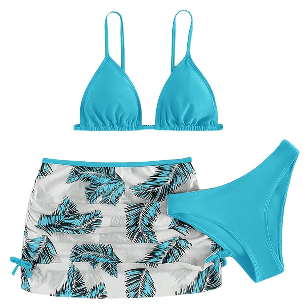 Kids Child Girls 3 Piece Swimsuits Bathing Suit Flower Print Bikini Tops Underpants Ruffles Tankini (Blue, 12-15 Years)