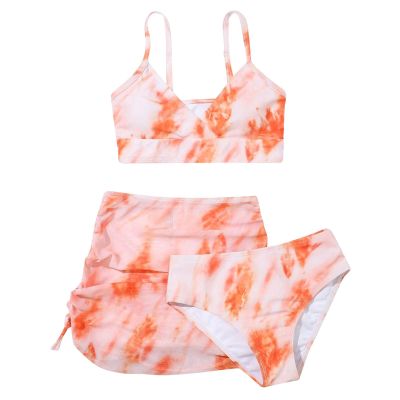 NineFit Basics Girl's 3 Piece Swimsuits Tie Dye Bikini Bathing Suit with Cover Up Beach Skirt Juniors Summer Teen (Orange, 13-14 Years)