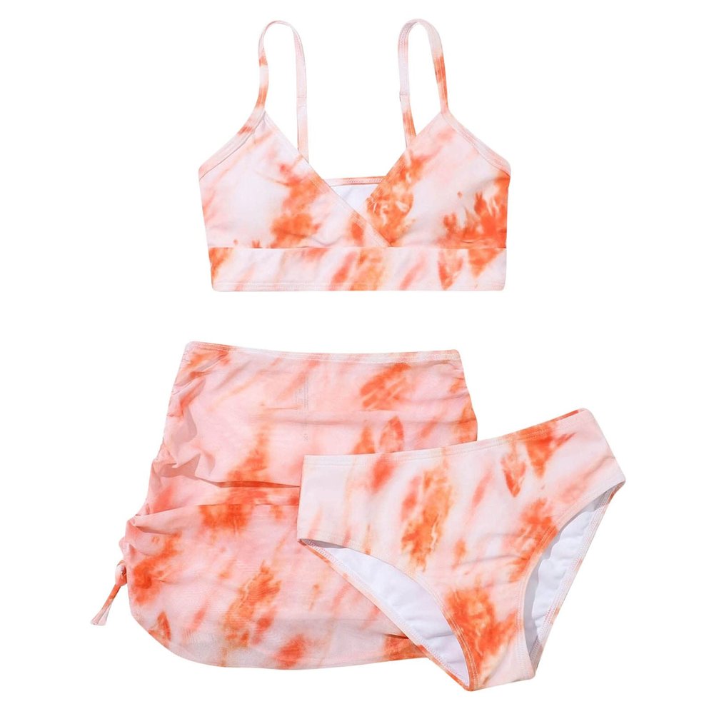 NineFit Basics Girl's 3 Piece Swimsuits Tie Dye Bikini Bathing Suit with Cover Up Beach Skirt Juniors Summer Teen (Orange, 13-14 Years)