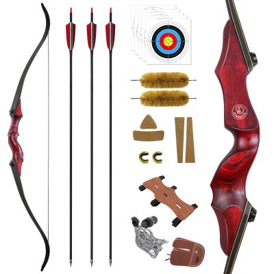 HANDBAIGE HBG 60Inch Red Recurve Bow Kit with 3pcs Real Feather Arrows for Hunting and Shooting Practice 25-60lbs Right Hand Bow Set (40lbs)