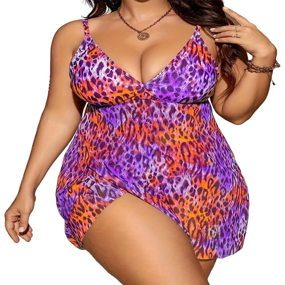 WKQSCNLR Women's Two Piece Plus Size Leopard Print Tank Tops Tankini Swimsuits with High Waisted Bikini Bottom Modest Tummy Control V Neck Bathing Suit Swimdress 4XL Rose Red