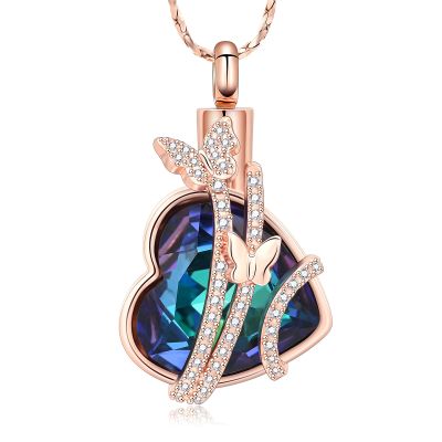 Imrsanl Cremation Jewelry for Ashes Butterfly Heart Urn Necklace for Women Keepsake Crystal Memorial Pendant Ashes Necklaces (Rose-Blue)