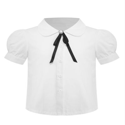 JEATHA Girls White Blouse Puff Short Sleeve Button Down Shirts Princess Bowknot School Uniform Tops Type A 13-14 Years