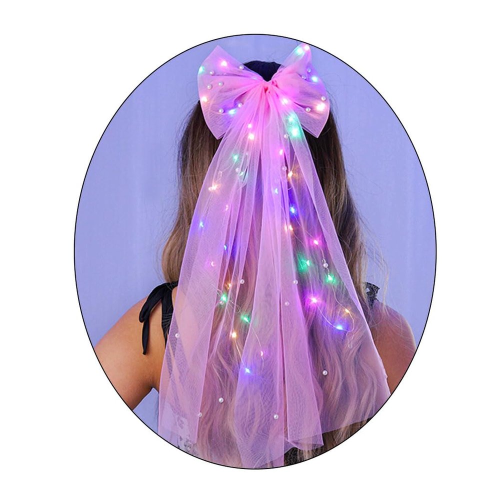 Foyte Bow Wedding Bride Veil LED Bachelorette Veils Light Up Pearl Bridal Veil Hair Bows Tulle for Women(Pink)