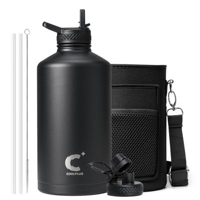 Coolplus Gallon Water Bottle Insulated with Straw, Water Jug 128 oz Stainless Steel Double-Walled Vacuum Metal Large Flask With Carry Sleeve for Sports Gym Outdoor, Keep Cold 48 Hrs, Black