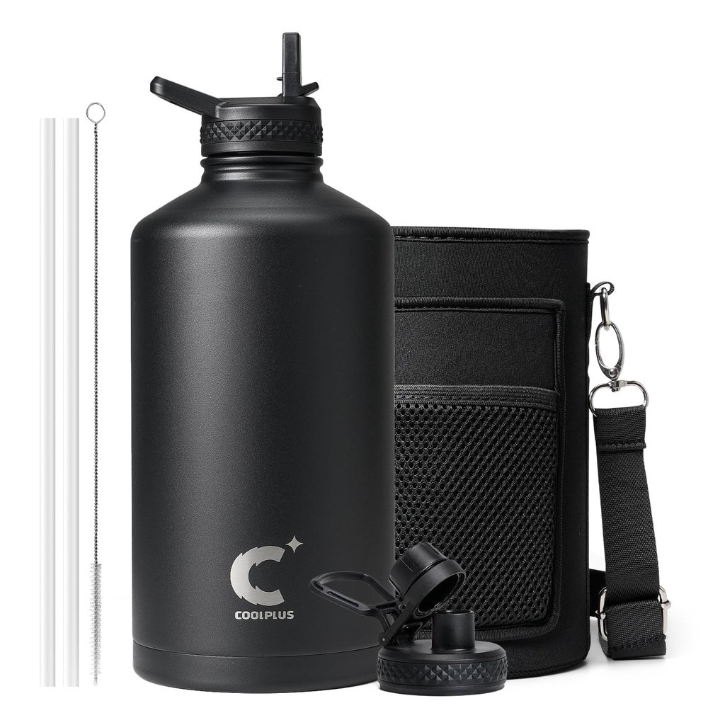 Coolplus Gallon Water Bottle Insulated with Straw, Water Jug 128 oz Stainless Steel Double-Walled Vacuum Metal Large Flask With Carry Sleeve for Sports Gym Outdoor, Keep Cold 48 Hrs, Black