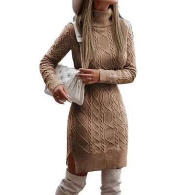 Women Turtleneck Sweater Dress Long Sleeve Knit Pullover Dress Split Hem Bodycon Short Dresses (X-Large,Khaki)