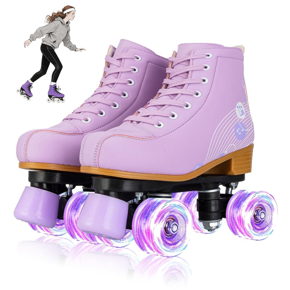 YYW High-top PU Leather Roller Skates for WomenOutdoor Roller Derby Skates for Unisex Beginners with Light up Wheels(Purple-37-Women 7/Men 5.5)