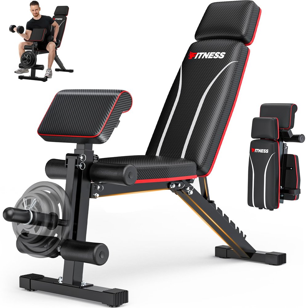 Foldable Workout Bench, Adjustable Weight Bench for Home Gym with Leg Extension, Preacher Pad, Extended Headrest, Collapsible Bench Press Full Body Workout Strength Training Banco de Pesas