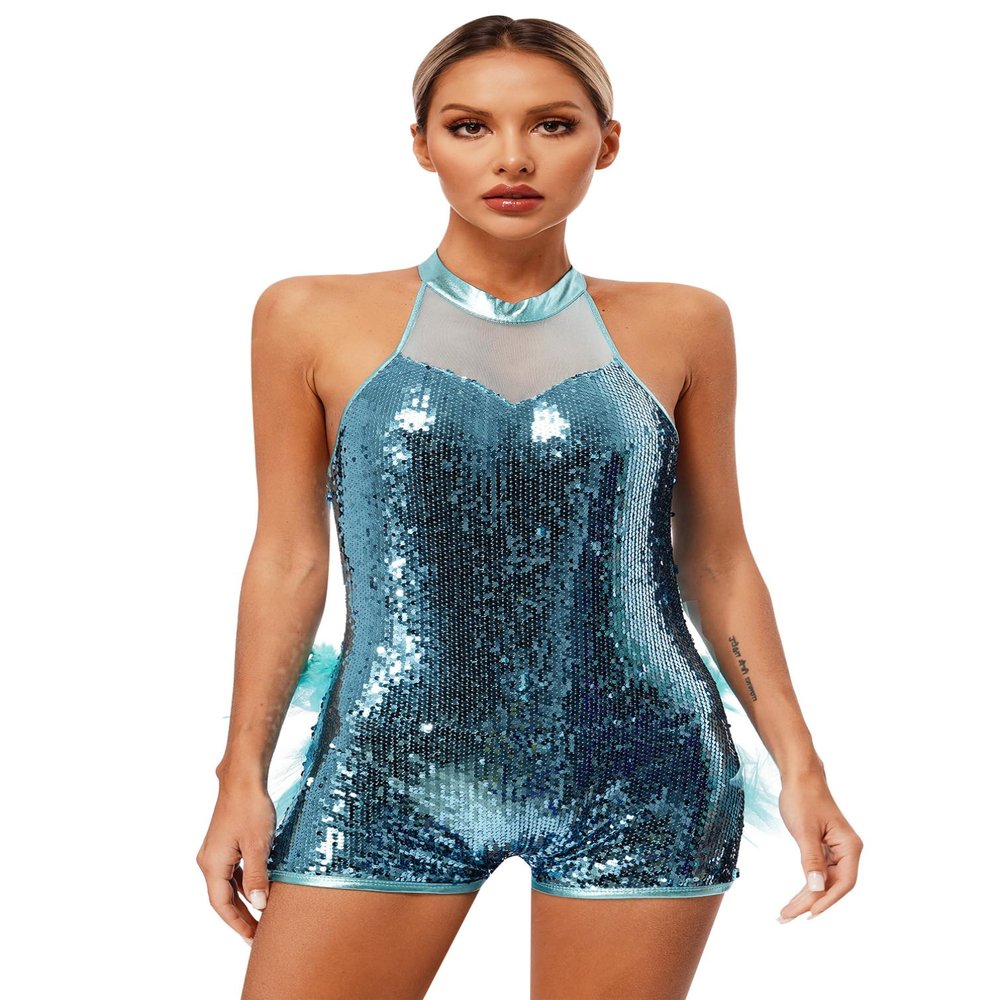 Vxuxlje Women's Sleeveless Sequins Dance Costume Backless Tull Skirted Leotard Ballet Dancewear Light Blue Medium
