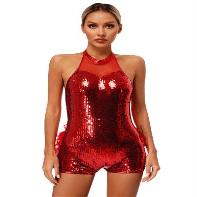 Hedmy Women Glittery Sparkly Bodysuit Tulle Tutu Dance Leotard Halter Latin Jazz Ballroom Costumes Red Small
