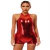Hedmy Women Glittery Sparkly Bodysuit Tulle Tutu Dance Leotard Halter Latin Jazz Ballroom Costumes Red Small view 1