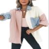Dokotoo Womens Fashion Fall Clothes 2025 Spring Tops for Women Color Block V Neck Collared Button Down Roll Up Cover Ups Long Sleeve Shirts Cozy Casual Oversized Ladies Outerwear Tops Blouses Pink XL
