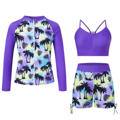 Funnycokid Little Girl Swimsuit Size 5 6 Rash Guard Zipper Bathing Suit Cute Plam Tree Swimwear Short Long Sleeve 3 Pieces Kids Bikini