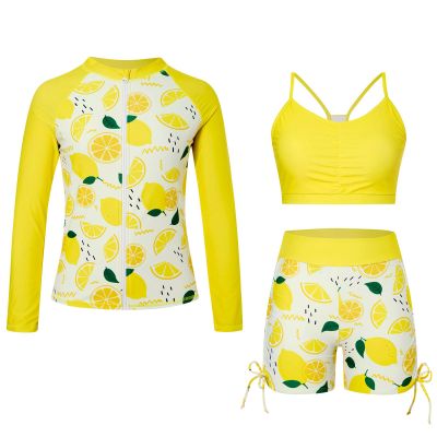 Funnycokid Girls Swimsuits Size 9-10 Bathing Suit Swimwear Boyshort Zip Rash Guard Set Lemon Bikini Long Sleeve 3 Piece