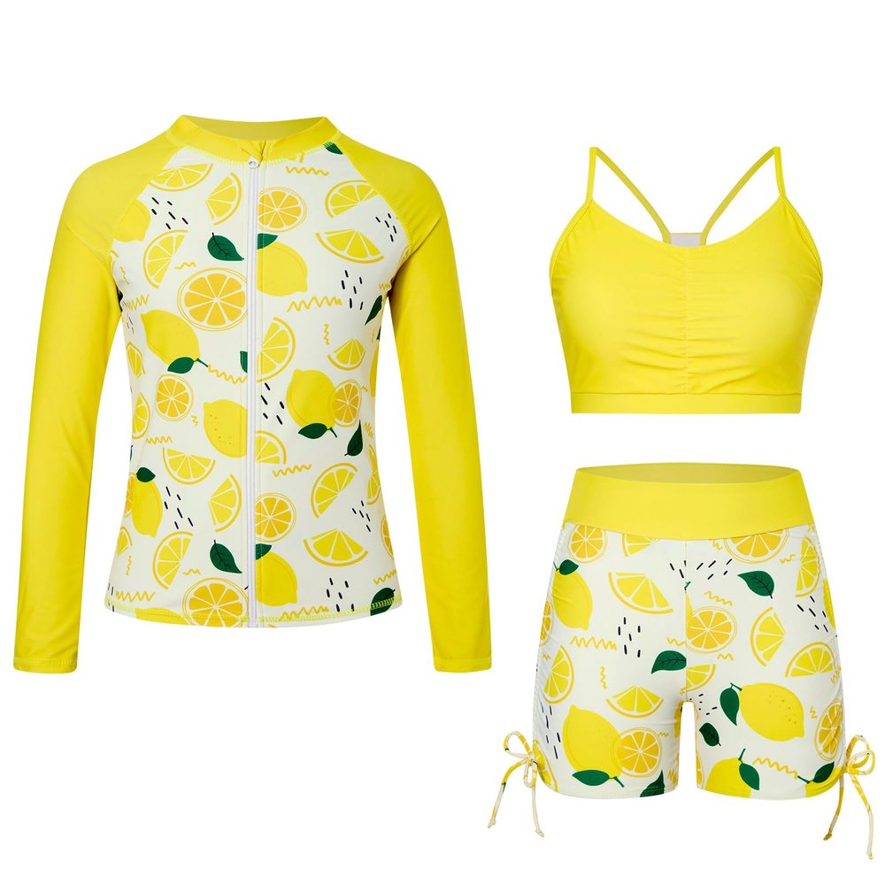 Funnycokid Girls Swimsuits Size 9-10 Bathing Suit Swimwear Boyshort Zip Rash Guard Set Lemon Bikini Long Sleeve 3 Piece