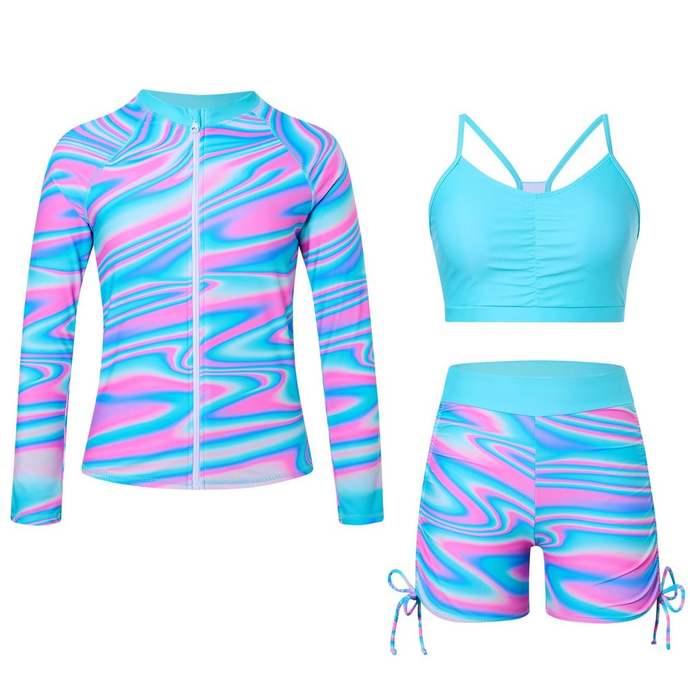 Funnycokid Girls Swimsuit Size 7 8 Blue Fluid Rash Guard Zip Kids Boyshorts Bathing Suit Long Sleeve Bikini Black Swimwear 3 Pieces