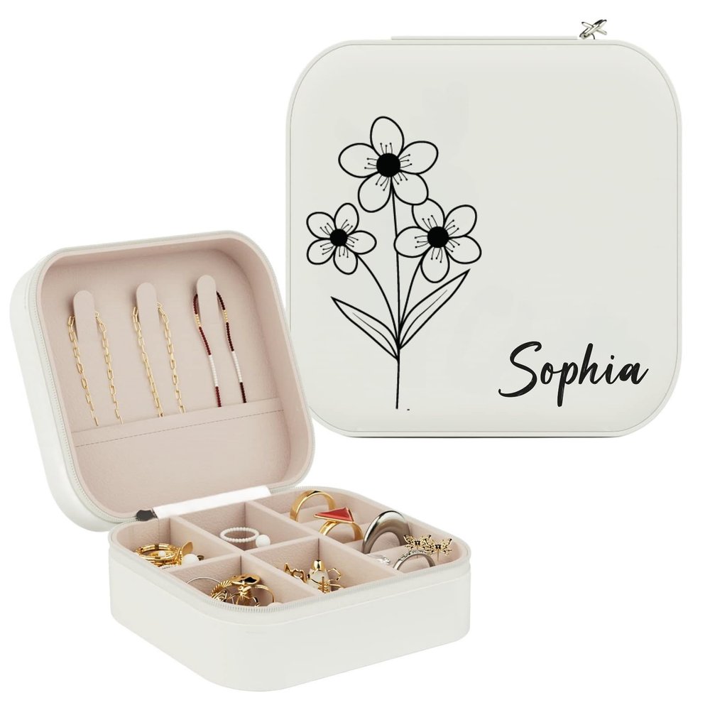 Snirov Custom Jewelry Box, Personalized Jewelry Travel Case Leather Mini Jewelry Case with Name & Birth Flower Mothers Day Gifts, Birthday Gifts, Wedding Gifts for Women Mom Wife Girls